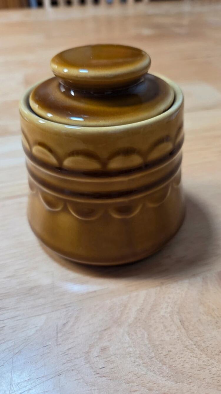Vintage 1970's Avocado Brown  Glazed Stoneware Sugar Bowl w Lid Retro Kitchen
